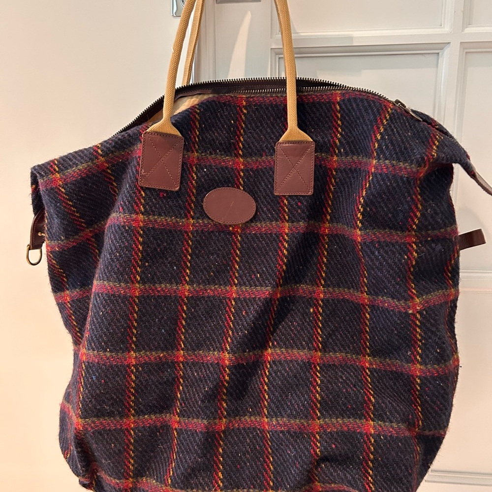 Elegant Plaid Carpet Bag Tote with Canvas Tan Handles and Leather Details